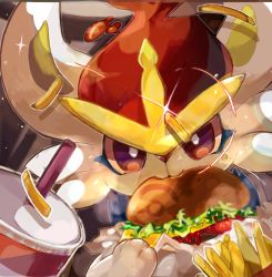 Rule 34 | bad id, bad pixiv id, bright pupils, burger, cheese, cinderace, commentary request, creatures (company), cup, disposable cup, drinking straw, eating, food, french fries, furry, game freak, gen 8 pokemon, highres, holding, lettuce, masukushugi, nintendo, pokemon, pokemon (creature), red eyes, solo, sparkle, tagme