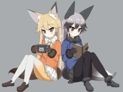 Rule 34 | 10s, 2girls, animal ears, artist request, black gloves, black pantyhose, blonde hair, blush, book, bow, bowtie, brown eyes, brown gloves, commentary request, ezo red fox (kemono friends), fox ears, fox tail, fur trim, gloves, hair between eyes, handheld game console, highres, jacket, kemono friends, loafers, long hair, multicolored hair, multiple girls, open book, pantyhose, playing games, pleated skirt, reading, shoes, silver fox (kemono friends), silver hair, skirt, smile, tail