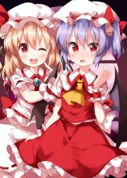 Rule 34 | 2girls, blonde hair, blush, cosplay, costume switch, eyes visible through hair, flandre scarlet, flandre scarlet (cosplay), frills, hair between eyes, hat, highres, looking at viewer, mob cap, multiple girls, one-hour drawing challenge, one eye closed, one side up, open mouth, red eyes, remilia scarlet, remilia scarlet (cosplay), ruu (tksymkw), short hair, siblings, sisters, smile, standing, teeth, tongue, touhou, wrist cuffs
