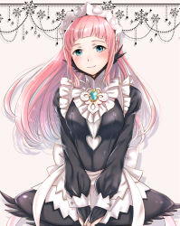 Rule 34 | 1girl, apron, blue eyes, blunt bangs, breasts, brooch, cowboy shot, felicia (fire emblem), fire emblem, fire emblem fates, haru (nakajou-28), jewelry, long hair, long sleeves, looking at viewer, maid, maid apron, maid headdress, medium breasts, nintendo, own hands together, pink hair, shadow, smile, solo, turtleneck, wrist cuffs
