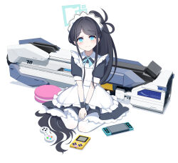Rule 34 | 1girl, absurdres, apron, aris (blue archive), black dress, black hair, black wristband, blue archive, blue eyes, blue ribbon, blush, closed mouth, collared dress, commentary, dress, err (artist), full body, green halo, halo, handheld game console, highres, long hair, looking at viewer, maid, maid headdress, neck ribbon, own hands together, pantyhose, ponytail, puffy short sleeves, puffy sleeves, railgun, ribbon, short sleeves, sidelocks, simple background, sitting, smile, solo, very long hair, wariza, white apron, white background, white pantyhose