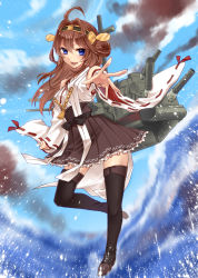 Rule 34 | 10s, 1girl, bare shoulders, black thighhighs, blue eyes, blush, boots, brown hair, cannon, detached sleeves, double bun, hair bun, hair ornament, hairband, headgear, japanese clothes, kantai collection, kongou (kancolle), long hair, nontraditional miko, open mouth, personification, ribbon-trimmed sleeves, ribbon trim, skirt, smile, solo, thigh boots, thighhighs, turret, water, yayoi (egoistic realism)