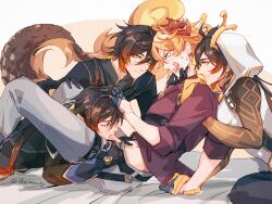 Rule 34 | 4boys, blue eyes, blush, brown hair, dragon horns, dragon tail, eyeliner, fellatio, genshin impact, hand on another&#039;s head, hand on another&#039;s shoulder, highres, holding hands, horns, long hair, makeup, multiple boys, oral, red eyeliner, tail, tartaglia (genshin impact), treetree233, yellow eyes, zhongli (archon) (genshin impact), zhongli (genshin impact)
