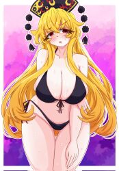 1girl bikini black_bikini black_dress blonde_hair blush breasts cleavage crescent_print curvy dress highres huge_breasts junko_(touhou) large_breasts legacy_of_lunatic_kingdom long_hair looking_at_viewer nanaii_desu red_eyes self-upload solo swimsuit tagme touhou very_long_hair wide_hips