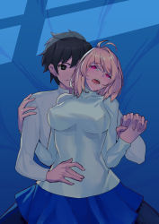 Rule 34 | 1boy, 1girl, absurdres, arcueid brunestud, artist request, bed, black hair, blonde hair, blue skirt, couple, highres, holding hands, implied sex, lying, night, on back, red eyes, saliva, shirt, short hair, skirt, thighhighs, tohno shiki, tongue, tongue out, tsukihime, white shirt