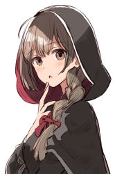 Rule 34 | 1girl, :o, black capelet, black dress, braid, breasts, brown eyes, brown hair, capelet, dress, from side, hood, hooded capelet, kantai collection, large breasts, long hair, shinshuu maru (kancolle), simple background, solo, takamachiya, twin braids, upper body, white background