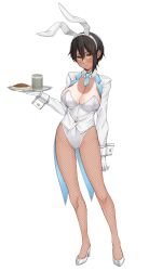 Rule 34 | 1girl, absurdres, animal ears, black hair, blue necktie, blush, breasts, brown pantyhose, cleavage, coattails, cup, detached collar, fake animal ears, food, full body, gloves, hairband, high heels, highres, holding, holding tray, jacket, large breasts, leotard, long sleeves, looking at viewer, necktie, one-piece tan, open clothes, open jacket, original, pantyhose, parted lips, short hair, simple background, solo, standing, strapless, strapless leotard, tan, tanline, tray, white background, white footwear, white gloves, white hairband, white jacket, white leotard, wrist cuffs, yellow eyes, yuya (yuya illust)