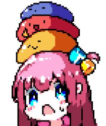 Rule 34 | 4girls, blue eyes, bocchi the rock!, cube hair ornament, downvote (downvote me), gotoh hitori, hair ornament, ijichi nijika, kita ikuyo, long hair, looking at viewer, multiple girls, one side up, open mouth, pink hair, pink track suit, pixel art, simple background, slime (creature), slime on head, slimification, white background, yamada ryo