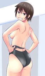 Rule 34 | 1girl, ass, breasts, brown eyes, brown hair, competition swimsuit, facing away, grin, hands on own hips, looking at viewer, looking back, one-piece swimsuit, original, short hair, sideboob, smile, solo, swimsuit, tanaka rikimaru, topless