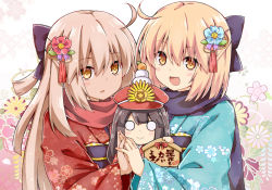 Rule 34 | 3girls, :d, ahoge, black bow, black hair, blonde hair, blue flower, blue kimono, blush, bow, brown eyes, brown hair, chibi, closed mouth, commentary request, crest, ema, family crest, fate/grand order, fate (series), floral background, floral print, flower, hair between eyes, hair bow, hair flower, hair ornament, hat, holding hands, japanese clothes, kagami mochi, kimono, koha-ace, long hair, long sleeves, looking at viewer, mini person, minigirl, multiple girls, o o, obi, oda nobunaga (fate), oda nobunaga (koha-ace), oda uri, okita souji (fate), okita souji (koha-ace), okita souji alter (fate), open mouth, parted lips, peaked cap, print kimono, red flower, red headwear, red kimono, rioshi, sash, smile, upper body, wide sleeves