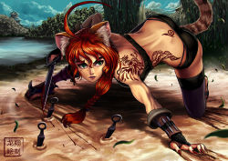Rule 34 | 1girl, ahoge, animal ears, ass, back tattoo, blood, bloody weapon, bra, braid, cat ears, cat tail, catamancer, commentary, dagger, fighting stance, fingernails, fishnet thighhighs, fishnets, green eyes, highleg, highleg panties, highres, huge ahoge, katarina (catamancer), knife, kunai, long hair, midriff, narrow waist, ninja, on one knee, panties, red hair, ryu shou, sandals, sharp fingernails, short shorts, shorts, single braid, solo, strapless, strapless bra, tail, tattoo, thick eyebrows, thighhighs, toned, tramp stamp, underwear, weapon