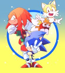 Rule 34 | 1990s (style), 3boys, aimf, black eyes, full body, grin, knuckles the echidna, male focus, multiple boys, multiple tails, retro artstyle, shoes, smile, sneakers, sonic (series), sonic mania, sonic the hedgehog, sonic the hedgehog (classic), tail, tails (sonic), v