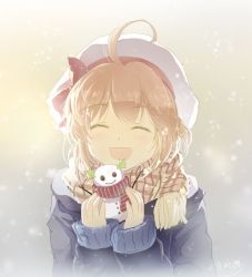 Rule 34 | 1girl, ^ ^, ahoge, blonde hair, character request, closed eyes, copyright request, gradient background, hat, holding, jokanhiyou, open mouth, scarf, short hair, smile, snowing, snowman, solo, upper body