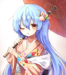 Rule 34 | 1girl, :o, alternate costume, bad id, bad pixiv id, blue hair, breasts, floral print, flower, food-themed hair ornament, fur collar, hair between eyes, hair flower, hair ornament, highres, hinanawi tenshi, holding, holding umbrella, japanese clothes, kimono, leaf, leaf hair ornament, light blue hair, long hair, looking at viewer, no headwear, oil-paper umbrella, one eye closed, peach blossom, peach hair ornament, pink kimono, print kimono, pudding (skymint 028), red eyes, simple background, small breasts, solo, touhou, umbrella, upper body, very long hair, white background