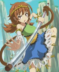Rule 34 | 1girl, bangle, bare shoulders, barefoot, blue dress, blue sky, bracelet, brown eyes, brown hair, circlet, cloud, collarbone, commentary request, dragon ball, dress, eyelashes, frilled dress, frills, green dress, gurina 15, highres, holding, holding staff, jewelry, leg up, long sleeves, looking at viewer, low twintails, medium hair, monkey tail, mountain, multicolored clothes, multicolored dress, open mouth, outdoors, outstretched arm, parody, prehensile tail, reaching, retro artstyle, ruyi jingu bang, short dress, single sleeve, single strap, sky, sleeveless, sleeveless dress, son biten, staff, tail, touhou, twintails, twitter username, wavy eyebrows, white sleeves, wide sleeves, yellow dress