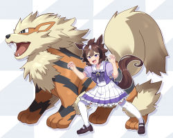 Rule 34 | 1girl, 1other, animal ears, arcanine, bow, bowtie, brown footwear, brown hair, commentary, creatures (company), crossover, ear ornament, frilled skirt, frills, game freak, gen 1 pokemon, highres, horse ears, horse girl, horse tail, horseshoe ornament, loafers, matsumoto tomoyohi, name connection, nintendo, pleated skirt, pokemon, pokemon (creature), poking, puffy short sleeves, puffy sleeves, purple bow, purple bowtie, purple eyes, purple shirt, sailor collar, sailor shirt, school uniform, sharp teeth, shinko windy (umamusume), shirt, shoes, short hair, short sleeves, skirt, tail, teeth, thighhighs, tracen school uniform, umamusume, white skirt, white thighhighs