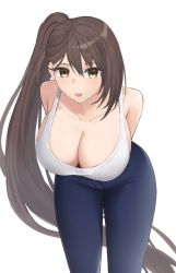 Rule 34 | 1girl, :d, alternate costume, arms behind back, azur lane, bent over, blue pants, breasts, brown hair, casual, cleavage, collarbone, denim, downblouse, highres, jeans, large breasts, long hair, looking at viewer, open mouth, pants, rk (cc15915r), shirt, side ponytail, simple background, sleeveless, smile, solo, tank top, very long hair, white background, white shirt, yellow eyes, zuikaku (azur lane)