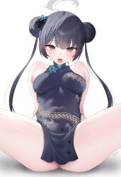 Rule 34 | 1girl, artist name, black dress, black hair, blue archive, breasts, butterfly hair ornament, china dress, chinese clothes, double bun, dragon print, dress, grey eyes, gweda, hair bun, hair ornament, halo, highres, kisaki (blue archive), long hair, looking at viewer, open mouth, pelvic curtain, print dress, simple background, sleeveless, sleeveless dress, small breasts, solo, spread legs, twintails, white background