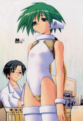 Rule 34 | 2girls, android, black eyes, black hair, cable, clipboard, computer, empty eyes, flat chest, glasses, green eyes, green hair, highleg, highleg leotard, highres, lab coat, leotard, multi (to heart), multiple girls, robot ears, short hair, spiked hair, standing, thighhighs, to heart, to heart (series), turtleneck, white thighhighs, wristband