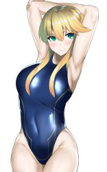 Rule 34 | 1girl, aqua eyes, armpits, arms behind head, arms up, artoria pendragon (all), artoria pendragon (fate), artoria pendragon (lancer) (fate), blonde hair, braid, breasts, fate/grand order, fate (series), french braid, highres, hip focus, large breasts, light smile, long hair, muunyan (yumenekoya), saber (fate), sideboob, simple background, smile, solo, thighs, white background
