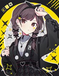 Rule 34 | belt, belt buckle, belt chain, black belt, black hairband, black jacket, black skirt, blush, braid, brown eyes, brown hair, buckle, commentary, cross-laced clothes, cross-laced sleeves, earrings, hairband, hand up, heart, heart earrings, highres, jacket, jewelry, long sleeves, looking at viewer, necklace, pout, project sekai, puffy long sleeves, puffy sleeves, shinonome ena, shirt, skirt, symbol-only commentary, twin braids, waka (wk4444), white shirt