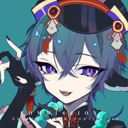 Rule 34 | 1boy, animal ears, bead necklace, beads, black gloves, clark niel, close-up, commission, eyelashes, gloves, hair between eyes, hat, highres, jewelry, male focus, mochizuki kei (style), nail polish, necklace, original, purple eyes, solo