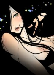 Rule 34 | 1girl, bare shoulders, black background, black eyes, black hair, blush, breasts, commentary request, completely nude, dutch angle, hair over one eye, kotoyoshi yumisuke, large breasts, lips, long hair, nipples, nude, open mouth, original, solo, upper body