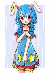 Rule 34 | 1girl, animal ears, blush, commentary request, covered navel, cowboy shot, crescent, dress, highres, inon, long hair, looking at viewer, multi-tied hair, open mouth, rabbit ears, red eyes, seiran (touhou), short sleeves, solo, star (symbol), sweat, touhou, twintails