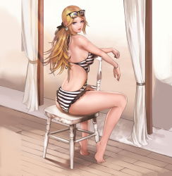 Rule 34 | 1girl, back, bare legs, bare shoulders, barefoot, blonde hair, blue eyes, breasts, chair, dungeon and fighter, earrings, eyewear on head, female gunner (dungeon and fighter), highres, jewelry, large breasts, light rays, long hair, looking at viewer, looking back, monaim, one-piece swimsuit, parted lips, sitting, smile, solo, sunglasses, swimsuit, tiptoes, wristband