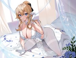 Rule 34 | 1girl, absurdres, all fours, bed, blonde hair, blue eyes, blue flower, blue rose, bra, breasts, cross, cross necklace, curtains, detached collar, flower, genshin impact, gloves, hand in own hair, highres, jean (genshin impact), jewelry, large breasts, long hair, looking at viewer, necklace, on bed, pantyhose, paradox (parapa), parted lips, petals, pillow, ponytail, revision, rose, rose petals, sidelocks, solo, thighband pantyhose, underwear, white bra, white gloves, white pantyhose, window