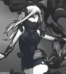 Rule 34 | 10s, 1girl, abyssal ship, alternate hair length, alternate hairstyle, ascot, black dress, blue eyes, covered mouth, dated, dress, hair over one eye, hamu koutarou, kantai collection, long hair, looking at viewer, ne-class heavy cruiser, pale skin, short dress, solo, white hair