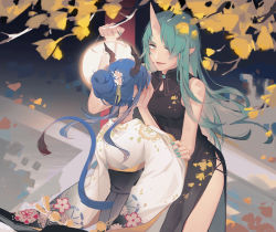 Rule 34 | 2girls, alternate costume, alternate hairstyle, aniao ya, arknights, back, bare legs, black dress, blue hair, blush, branch, breasts, ch&#039;en (arknights), china dress, chinese clothes, chinese commentary, commentary, covering face, cowboy shot, dragon horns, dragon tail, dress, ear blush, earrings, embarrassed, floral print, flower, from behind, furisode, green eyes, green hair, green nails, hair bun, hair flower, hair ornament, hand on another&#039;s shoulder, hands on own face, highres, horns, hoshiguma (arknights), japanese clothes, jewelry, kimono, lantern, long hair, medium breasts, medium hair, multiple girls, nail polish, new year, obi, open mouth, pointy ears, sash, scar, scar on face, side slit, sidelocks, single hair bun, single horn, skin-covered horns, sleeveless, sleeveless dress, smile, standing, tail, thighs, white kimono, wind, yuri