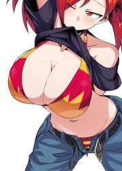 Rule 34 | 1girl, arm behind back, arm behind head, arm up, bikini, breasts, cleavage, clothes lift, creatures (company), cropped, denim, flannery (pokemon), game freak, highres, jeans, large breasts, legs, midriff, mouth hold, navel, nintendo, one eye closed, pants, pokemon, pokemon oras, ponytail, red eyes, red hair, shimure (460), shirt lift, solo, sweat, swimsuit, thighs, third-party edit, unbuttoned, undressing, unzipped