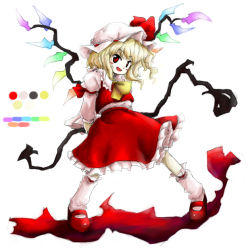 Rule 34 | 1girl, :d, arms behind back, ascot, blonde hair, color guide, flandre scarlet, frilled skirt, frills, full body, huyusilver, laevatein, long hair, long sleeves, official style, open mouth, parody, puffy long sleeves, puffy sleeves, red eyes, red skirt, simple background, skirt, skirt set, smile, solo, style parody, touhou, white background, wings, zun (style)