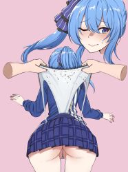 Rule 34 | 1girl, artselmetti, ass, blue eyes, blue hair, blush, commission, disembodied hand, from behind, frontal wedgie, hair ribbon, highres, hololive, hoshimachi suisei, long sleeves, multiple views, one eye closed, partially visible vulva, pink background, ponytail, ribbon, skirt, sweatdrop, virtual youtuber, wedgie