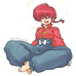 Rule 34 | 1girl, barefoot, braid, chinese clothes, closed eyes, feet, genderswap, genderswap (mtf), indian style, open mouth, ranma-chan, ranma 1/2, red hair, saotome ranma, single braid, sitting, smile, solo, tangzhuang, toes, wanta (futoshi)