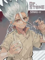Rule 34 | 1boy, beaker, brown shirt, character name, collared shirt, copyright name, cowboy shot, detached sleeves, dr. stone, grey background, grin, holding, ishigami senkuu, looking at viewer, male focus, red eyes, shirt, short hair, short sleeves, smile, solo, spiked hair, standing, teeth, twitter username, v-shaped eyebrows, vial, white hair, yu (zatta13chan)