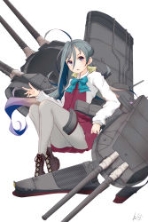 Rule 34 | 1girl, absurdres, ahoge, blue bow, blue bowtie, boots, bow, bowtie, collared shirt, commentary, cross-laced footwear, dress, floating hair, grey eyes, grey hair, hair between eyes, highres, kantai collection, kiyoshimo (kancolle), long hair, long sleeves, looking at viewer, low twintails, machinery, neve (morris-minicooper), open clothes, open shirt, pantyhose, parted lips, red dress, shirt, signature, simple background, smokestack, solo, turret, twintails, very long hair, white background, white pantyhose, white shirt