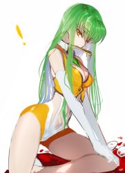 Rule 34 | 1girl, bakuretsu hunters, bare shoulders, breasts, c.c., cleavage, code geass, cosplay, covered navel, creayus, elbow gloves, glasses, gloves, green hair, leotard, looking at viewer, medium breasts, mouth hold, simple background, solo, tira misu, tira misu (cosplay), yellow eyes