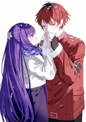 Rule 34 | 1boy, 1girl, black hair, blunt bangs, blush, breath, closed eyes, coat, commentary, cupping hands, fern (sousou no frieren), fingerless gloves, from side, gloves, hetero, highres, long hair, long sleeves, looking at another, multicolored hair, nostresstuna, own hands together, profile, purple eyes, purple hair, purple pupils, red coat, red hair, roots (hair), scarf, short hair, simple background, snow, sousou no frieren, stark (sousou no frieren), straight hair, upper body, very long hair, warming hands, white background, white scarf, winter