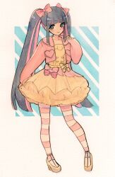 Rule 34 | 1girl, absurdres, alternate costume, alternate hairstyle, blue background, blunt bangs, border, bow, collarbone, commentary, dress, english commentary, fei (bell fei), frilled dress, frills, full body, hair bow, hand on own shoulder, highres, jacket, multicolored hair, open clothes, open jacket, panty &amp; stocking with garterbelt, pink bow, pink hair, pink jacket, pink thighhighs, purple hair, sidelocks, solo, standing, stocking (psg), striped background, striped clothes, striped thighhighs, thighhighs, twintails, two-tone hair, white border, yellow bow, yellow dress, yellow footwear
