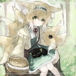 Rule 34 | absurdres, alternate costume, alternate hairstyle, animal, animal ear fluff, animal ears, animal on lap, arknights, basket, black cat, blonde hair, blush, cardigan, cat, dress, feet out of frame, forest, fox ears, fox girl, fox tail, frilled hairband, frills, grass, green dress, green eyes, green hairband, hair down, hairband, highres, kitsune, long hair, looking at viewer, luo xiaohei zhanji, multicolored hair, multiple tails, nature, on lap, open cardigan, open clothes, osakanadream, outdoors, sitting, smile, streaked hair, suzuran (arknights), suzuran (spring praise) (arknights), tail, tree stump, white hair, yellow cardigan