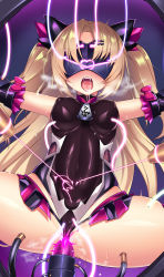 Rule 34 | 1girl, absurdres, akatsuki uni, bare shoulders, black gloves, blonde hair, blush, bow, breasts, breath, brown leotard, cable, commentary request, corruption, cosplay, covered erect nipples, covered eyes, covered navel, drooling, elbow gloves, facing viewer, fangs, fishnets, from below, gloves, hair ornament, hairclip, heavy breathing, highleg, highleg leotard, highres, kutan, latex, leotard, long hair, medium breasts, mind control, mizuki yukikaze, mizuki yukikaze (cosplay), object insertion, open mouth, outstretched arms, parted bangs, pink bow, pubic tattoo, restrained, saliva, sex machine, shiny clothes, shiny skin, showgirl skirt, solo, spread arms, spread legs, taimanin (series), taimanin suit, taimanin yukikaze, tattoo, two side up, uni create, vaginal, vaginal object insertion, very long hair, virtual youtuber, visor