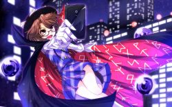 Rule 34 | 1girl, bow, brown eyes, brown hair, building, cape, cellphone, checkered clothes, checkered skirt, checkered vest, clothes writing, g (genesis1556), glasses, hat, hat bow, open mouth, phone, red-framed eyewear, skirt, skyscraper, smartphone, solo, touhou, urban legend in limbo, usami sumireko, vest, wallpaper