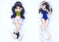 Rule 34 | 10s, 1girl, absurdres, arm above head, armpits, barefoot, bed sheet, black hair, black legwear, blue one-piece swimsuit, breasts, brown eyes, casual one-piece swimsuit, collarbone, covered navel, dakimakura (medium), eyebrows, feet, from above, full body, girls und panzer, green shirt, hair between eyes, hairband, highres, jacket, long hair, lying, multiple views, official art, on back, one-piece swimsuit, open clothes, open jacket, open skirt, pleated skirt, reizei mako, shirt, skirt, small breasts, socks, unworn socks, swimsuit, toes, white hairband, white skirt