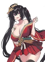 Rule 34 | 1girl, azur lane, black hair, bow, breasts, china dress, chinese clothes, cleavage, collarbone, dress, echj, hair bow, hair ornament, hair ribbon, large breasts, long hair, looking at viewer, open mouth, purple eyes, red dress, ribbon, smile, solo, taihou (azur lane), tight clothes, white background