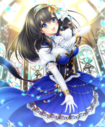 Rule 34 | 10s, 1girl, black hair, blue eyes, bracelet, breasts, costume, dress, elbow gloves, gloves, hair between eyes, hairband, highres, idol clothes, idolmaster, idolmaster cinderella girls, idolmaster cinderella girls starlight stage, jewelry, large breasts, long hair, open mouth, petals, sagisawa fumika, smile, solo, sparkle, uzu hi