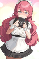 Rule 34 | 1girl, alternate costume, apron, black skirt, blue archive, blush, book, closed mouth, commentary, commission, enmaided, hair between eyes, halo, highres, holding, holding book, iroha (blue archive), long hair, looking at viewer, maid, maid apron, maid headdress, purple eyes, red hair, skirt, smile, solo, thighs, twin (tt lsh), wrist cuffs