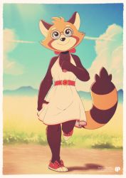 Rule 34 | 1girl, absurdres, animal ears, animal nose, arm at side, artist name, bare shoulders, belt, black eyes, blue sky, body fur, border, borrowed character, breasts, brown fur, clenched hand, closed mouth, cloud, collarbone, day, deviantart username, dress, female focus, fox-pop vli, full body, furaffinity username, furry, furry female, glasses, grass, hand up, happy, head tilt, highres, leg up, looking at viewer, multicolored fur, original, outdoors, panda ears, panda girl, panda tail, pince-nez, red footwear, retro artstyle, round eyewear, shoes, sky, sleeveless, sleeveless dress, small breasts, smile, solo, standing, standing on one leg, straight-on, striped tail, sundress, sunlight, tail, twitter username, watermark, white border, white dress, white fur, yellow fur