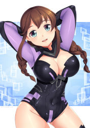 Rule 34 | 1girl, arms behind head, arms up, blue eyes, braid, breasts, brown hair, choujigen game neptune, cleavage, cosplay, covered navel, dated, highres, kantai collection, large breasts, leotard, long hair, looking at viewer, neptune (series), noshiro (kancolle), purple heart (neptunia), purple heart (neptunia) (cosplay), smile, solo, twin braids, yasume yukito